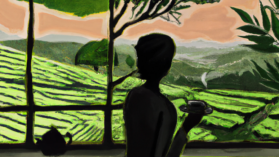 A person looking at a tea field while enjoying a cup of tea.