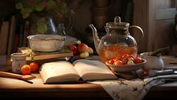 Picture of a cookbook and teapot
