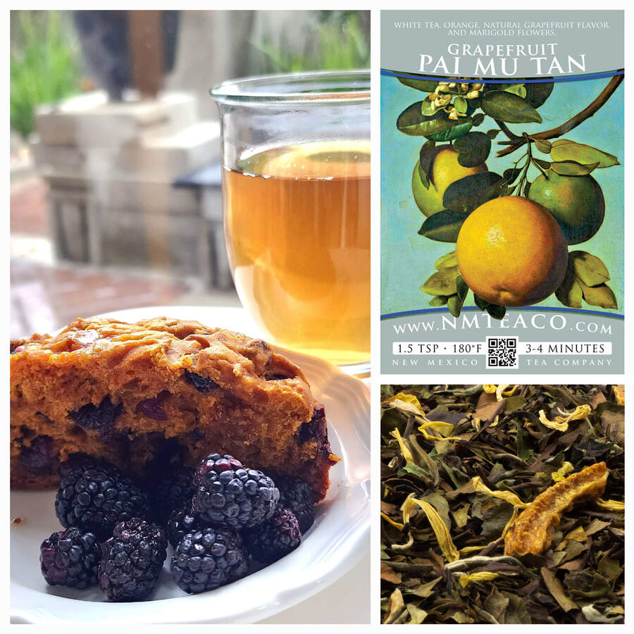 A slice of pumpkin berry cake/bread with a pile of blackberries in front of it in a collage with the label photo for Grapefruit White and a close-up photo of grapefruit white loose leaf tea.