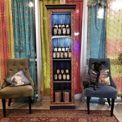 A photo in front of the windows of the tea shop with a shelf full of tins of various herbs and spices with two chairs on either side. In one of the chairs is a black service dog in a grey hoodie and a harness.