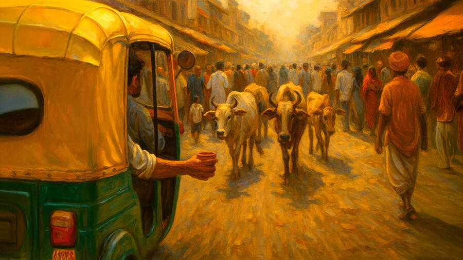 Bazaar in india with cows